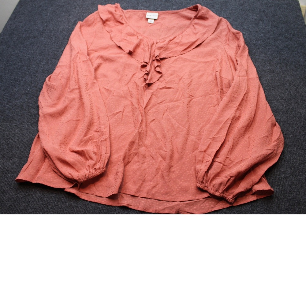 Ava & Viv 1X Coral Swiss Dot Ruffle Neck Balloon Sleeve Blouse Terracotta Boho